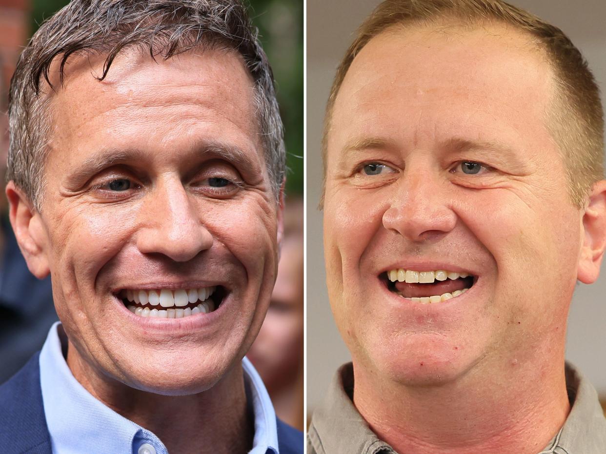 Former Missouri Gov. and Missouri Senate Candidate Eric Greitens (left) and Missouri Attorney General and Republican Senate candidate Eric Schmitt