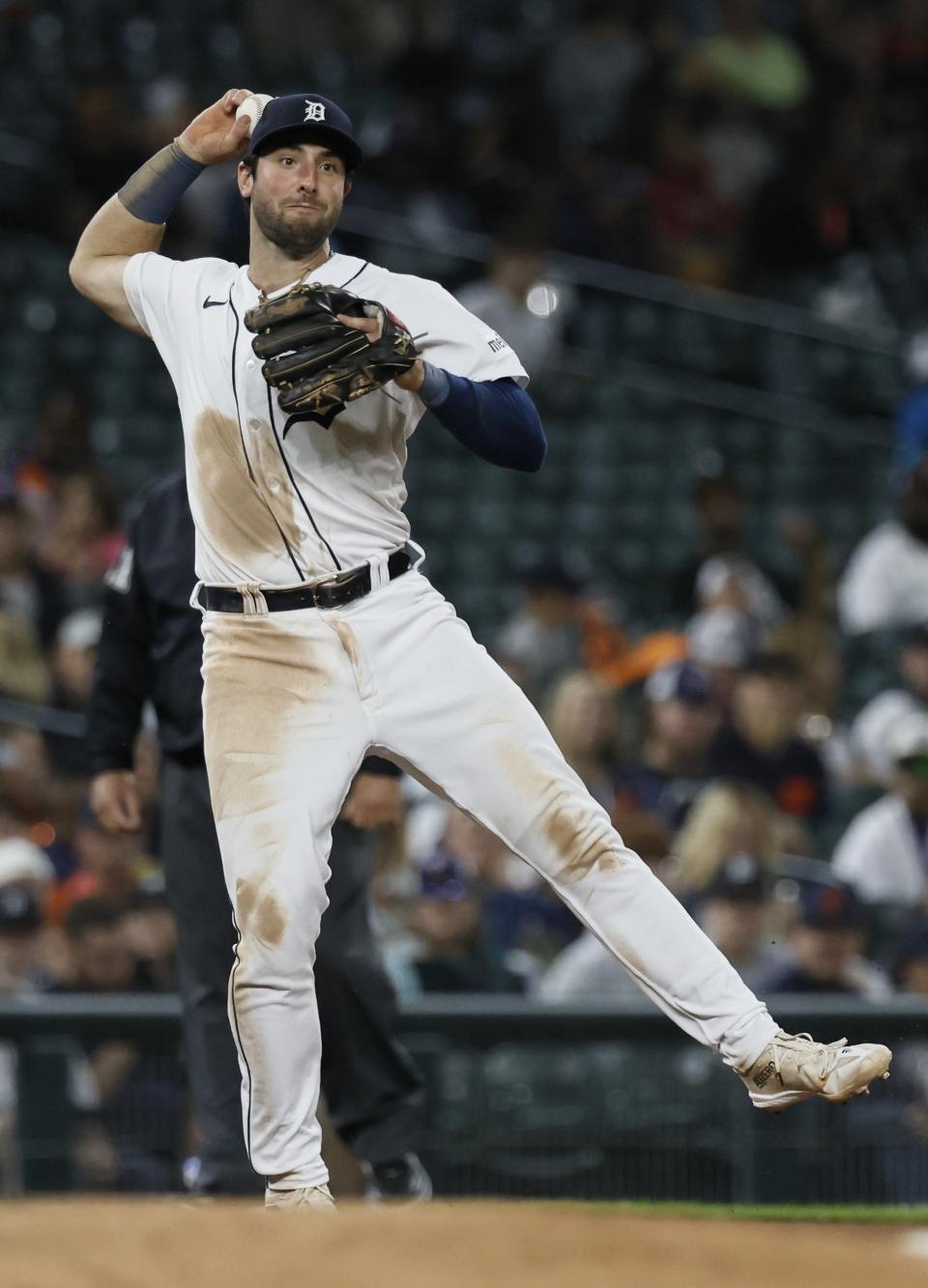 Detroit Tigers third baseman Matt Vierling throws out Chicago White Sox's Korey Lee at first base during the ninth inning of a baseball game Saturday, Sept. 9, 2023, in Detroit. (AP Photo/Duane Burleson)