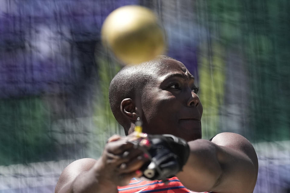 Annette Nneka Echikunwoke, of the United States, competes in the hammer throw at the World Athletics Championships Friday, July 15, 2022, in Eugene, Ore. (AP Photo/David J. Phillip)