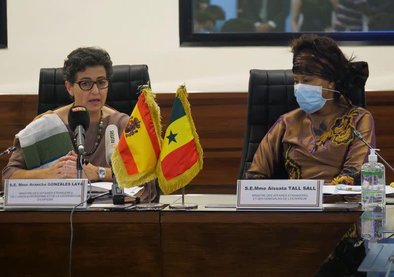 Spanish Minister of Foreign Affairs Arancha Gonzalez Laya speaks as she attends a meeting with Senegalese Foreign Minister Aissata Tall Sall during her visit in Dakar