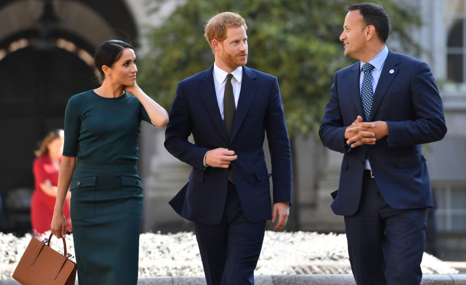 The Duke and Duchess of Sussex were greeted by Taoiseach, Leo Varadkar at Government Buildings on the first day of their Dublin trip [Photo: Getty]