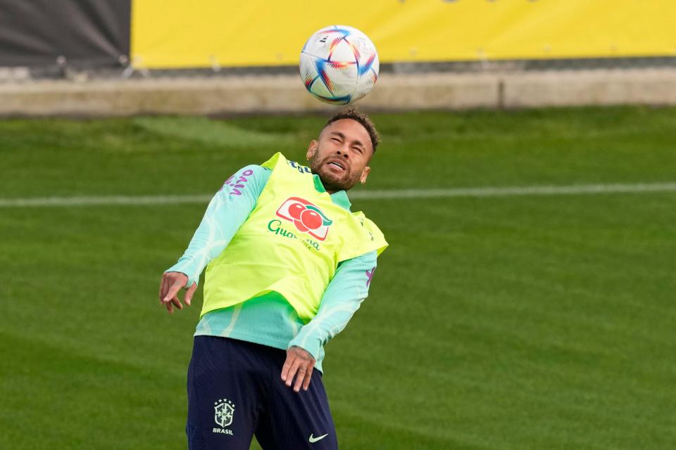 Brazilian forward Neymar controls the ball during a training session in Italy on Tuesday ahead of the World Cup.