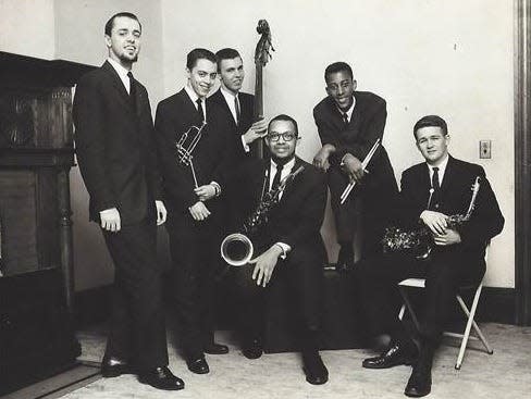 The Pythodd's house band in a back room at the Pythodd in 1960. The Gap Mangione Sextet includes, Gap Mangione (piano), Chuck Mangione (trumpet), Dick Sampson (bass), Warren Greenlea (sax), Roy McCurdy (drums) and Larry Combs (sax).
