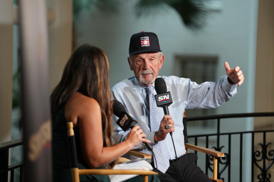 Hall of Fame inductee selection Jim Leyland interviews with the media during the MLB Winter Meetings, Dec. 4, 2023 in Nashville, Tennessee.