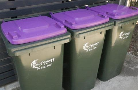 Purple bins will be rolled out and collected from July in Victoria's Surf Coast Shire. Source: Surf Coast Shire