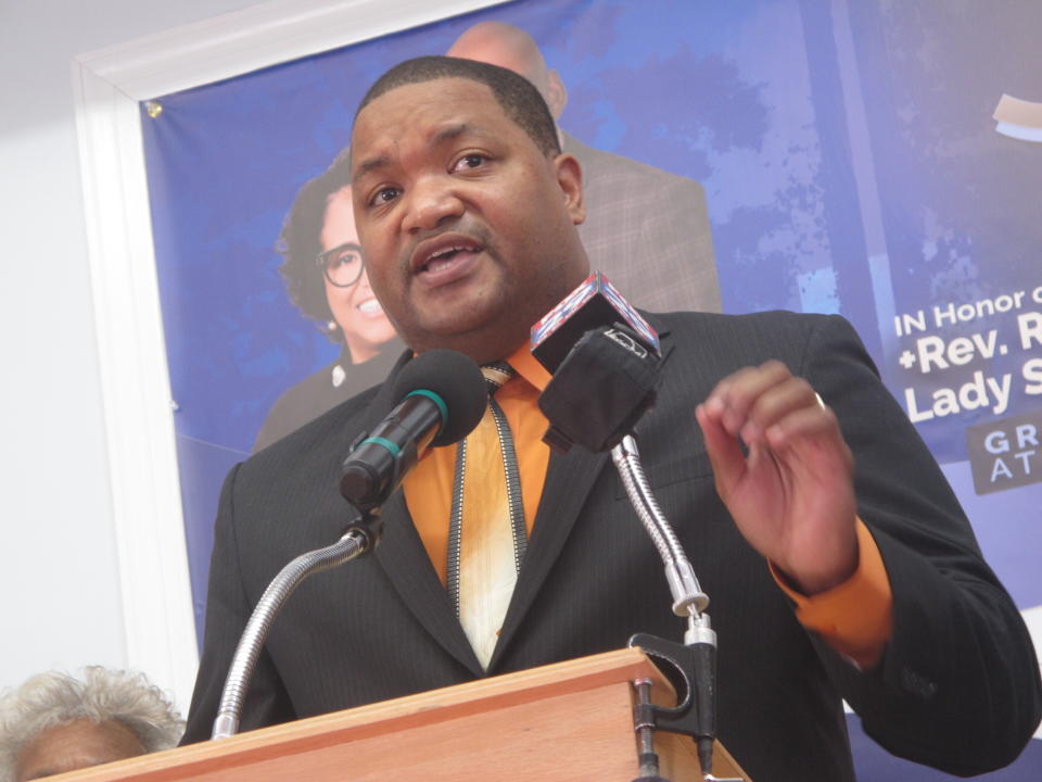 Mayor Marty Small speaks at a church in Atlantic City N.J. on Wednesday, Jan. 15, 2020. The mayor called a press conference to rally opposition to a proposed change of government that would eliminate an elected mayor. A vote has been set for March 31. (AP Photo/Wayne Parry)