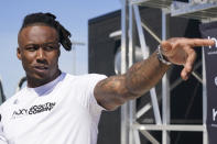 Former Miami Dolphins' Brandon Marshall speaks during a mini combine organized by his boutique fitness chain, House of Athlete, Friday, March 5, 2021, in Fort Lauderdale, Fla. (AP Photo/Marta Lavandier)