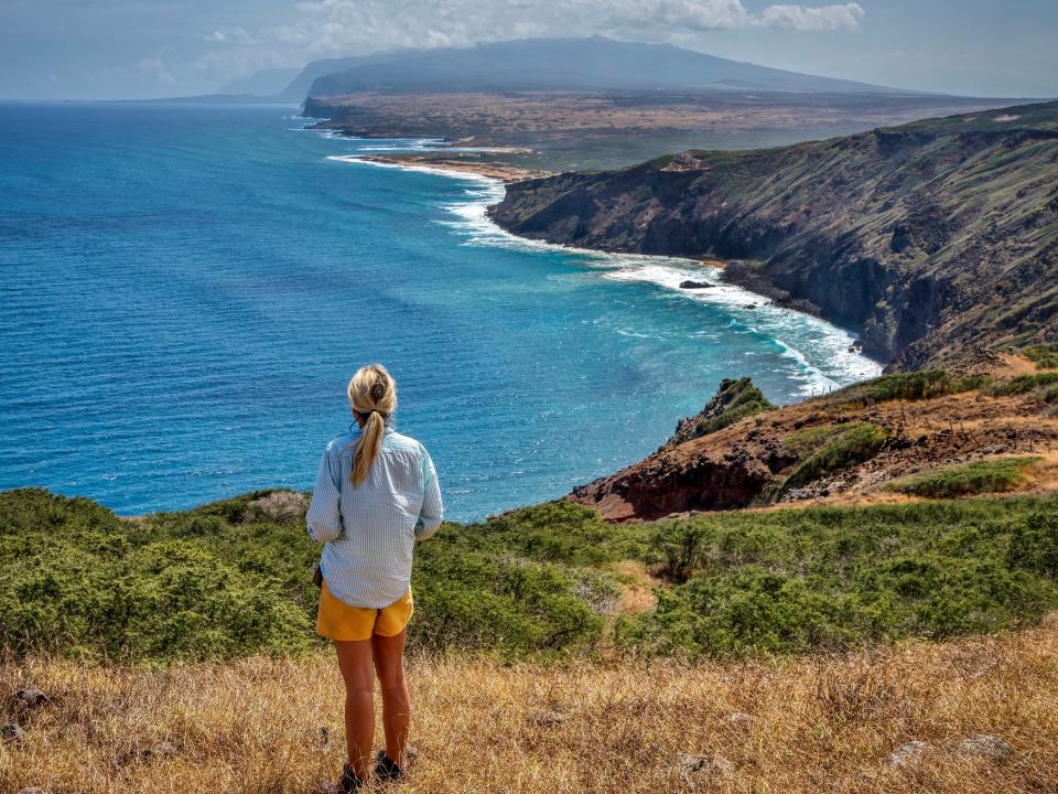 The writer overlooking the ocean and peaks of hawaii