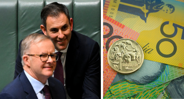 Budget 2022: A composite image of Anthony Albanese and Kim Chalmers and Australian currency.