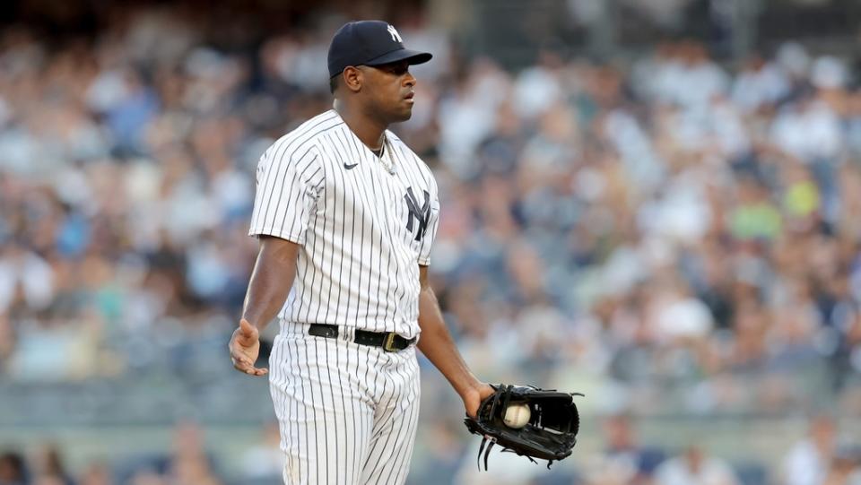 Jul 6, 2023; Bronx, New York, USA; New York Yankees starting pitcher Luis Severino (40) reacts during the first inning against the Baltimore Orioles at Yankee Stadium.