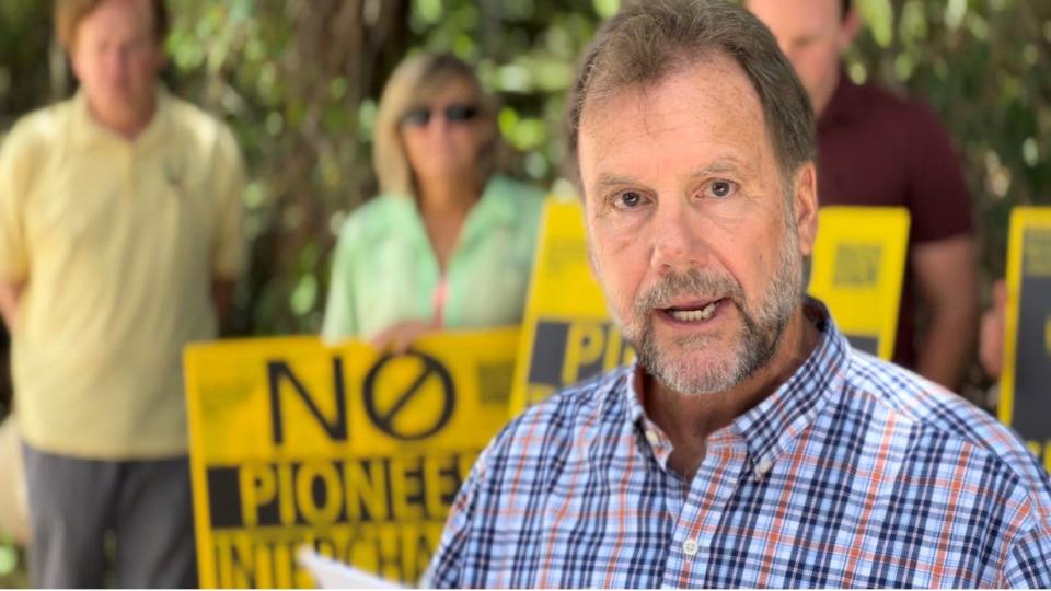 Volusia County Chair Jeff Brower speaks out against the proposed Pioneer Trail interchange at Interstate 95 during a 2022 press conference at the entrance to the Doris Leeper Spruce Creek Preserve in New Smyrna Beach.