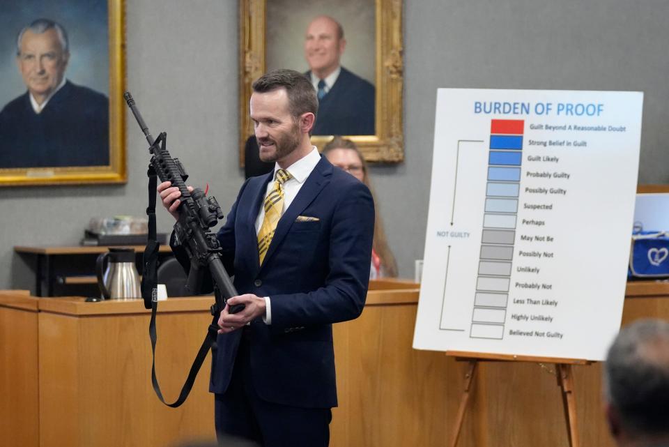 Defense attorney Ken Ervin makes a closing argument in the murder trial of Austin police officer Christopher Taylor at the Blackwell-Thurman Criminal Justice Center on Nov. 7. The jury couldn't agree on a verdict, and Taylor will be retried, District Attorney José Garza says.