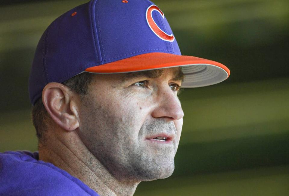 Clemson Head Coach Erik Bakich talks with media before practice at Doug Kingsmore Stadium in Clemson, S.C. Friday, January 27, 2023. 2023 Clemson Baseball First Practice