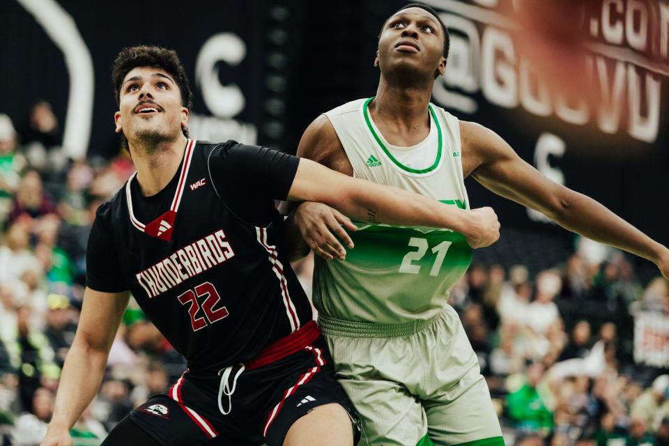Southern Utah’s Parsa Fallah, left, and Utah Valley’s Nate Tshimanga vie for position during a game at UCCU Center in Orem on Saturday, Jan. 6, 2024. | UVU Athletics