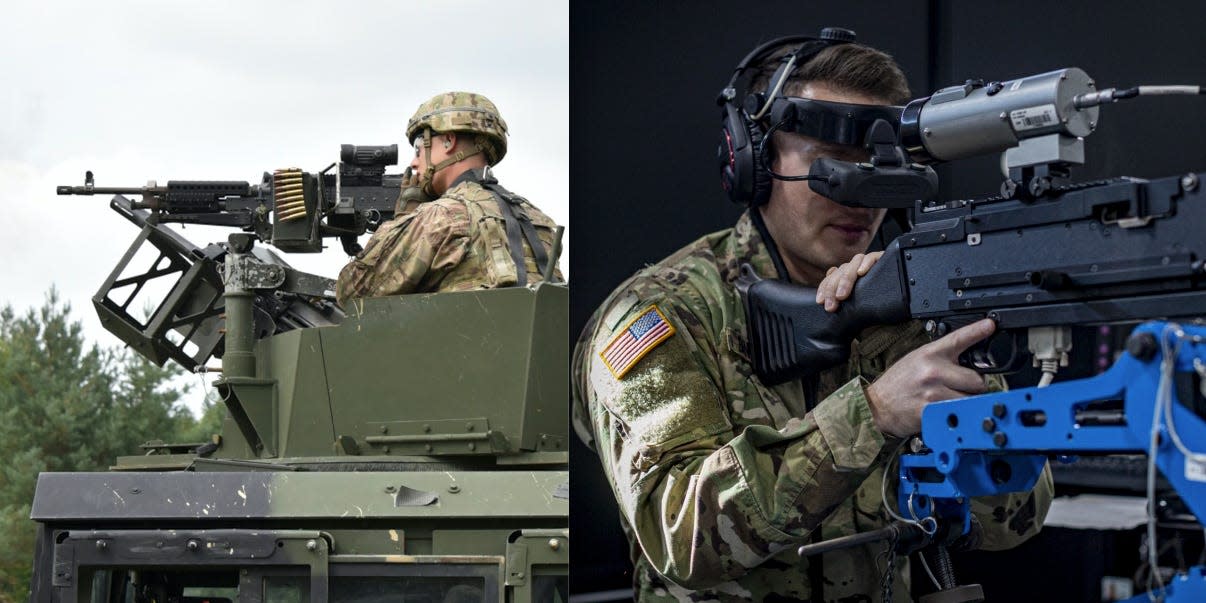 US Army soldiers fire an M240 machine gun (left), soldier fires M240 machine gun in virtual reality space