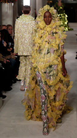 A model presents a creation by Italian designer Pier Paolo Piccioli as part of his Haute Couture Spring-Summer 2019 collection show for fashion house Valentino in Paris, France, January 23, 2019. REUTERS/Benoit Tessier