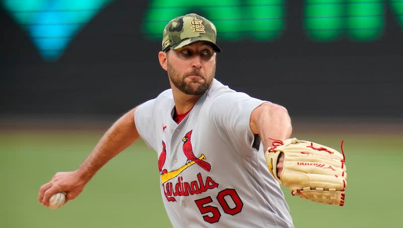 St. Louis Cardinals starting pitcher Adam Wainwright delivers during the first inning of a baseball game against the Pittsburgh Pirates in Pittsburgh, Friday, May 20, 2022.