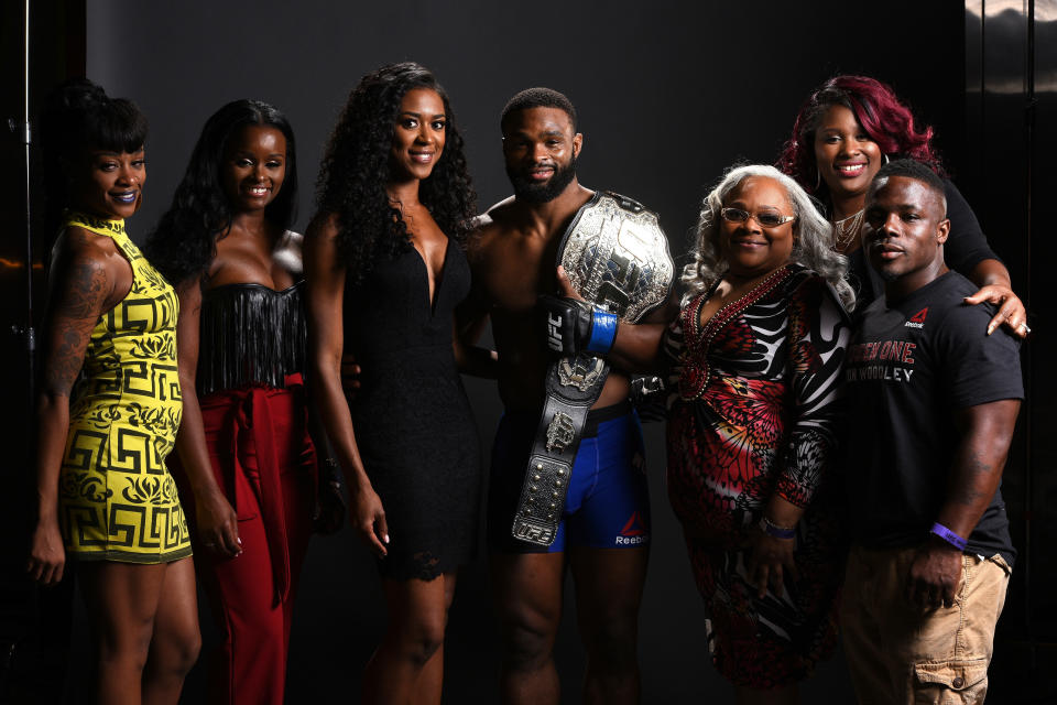 ATLANTA, GA - JULY 30:  Tyron Woodley poses for a post fight portrait with his family backstage during the UFC 201 event on July 30, 2016 at Philips Arena in Atlanta, Georgia. (Photo by Mike Roach/Zuffa LLC/Zuffa LLC via Getty Images)