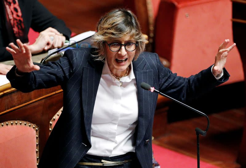 Giulia Bongiorno of League Party gestures as she speaks at the Senate ahead of a vote on whether to pursue an investigation against leader of Italy's far-right party Matteo Salvini that could give rise to a trial for alleged kidnapping of migrants, in Rome