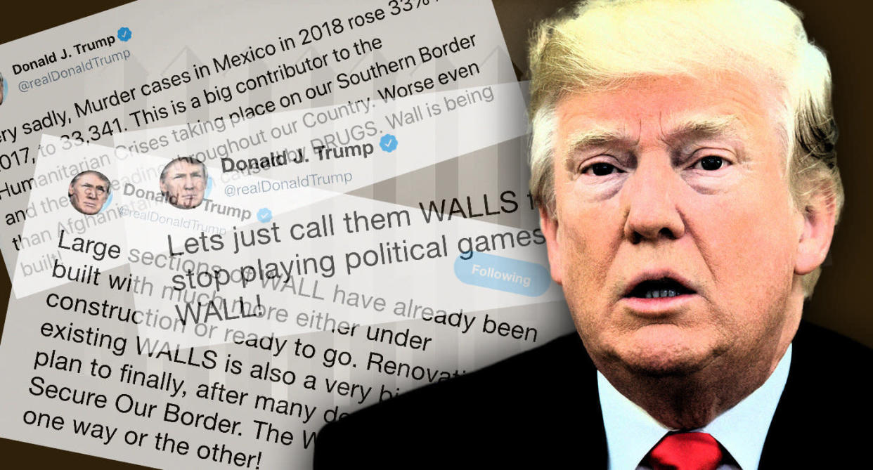 Donald Trump and his latest border wall tweets. (Photo illustration: Yahoo News; photo: AP)