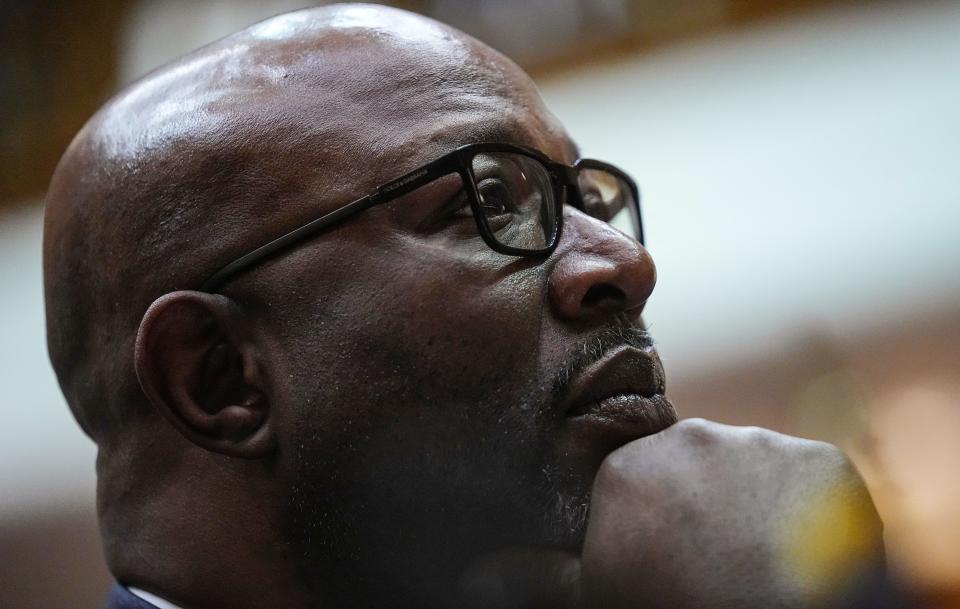 Senator Greg Taylor, D-Indianapolis, listens to Gov. Holcomb's speech on Tuesday, Jan. 9, 2024, during the State of the State address at the Indiana Statehouse in Indianapolis.