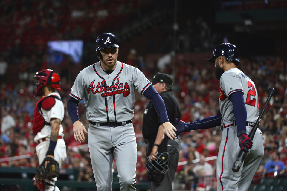 Atlanta Braves first baseman Freddie Freeman (5) has been dealing with an elbow injury lately. The Braves will need him to be at his best in their playoff series against the Cardinals. (Jeff Curry-USA TODAY Sports)