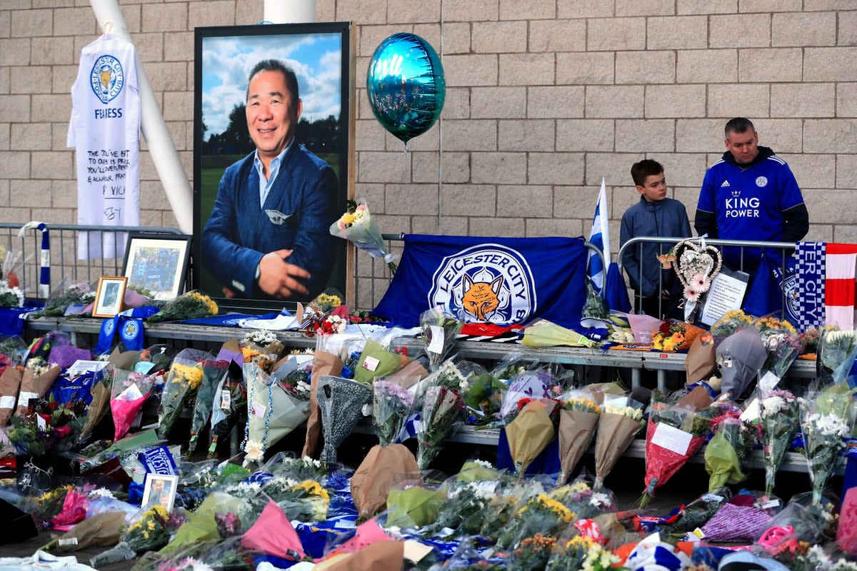 Tributes paid at Leicester City Football Club after chairman Vichai Srivaddhanaprabha and others died in a helicopter crash in 2018 (Mike Egerton) (PA Archive)