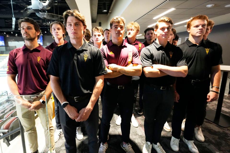 Aug 23, 2022; Tempe, Arizona, USA; The ASU hockey team watches as the new Multi-Purpose Arena is being named Mullett Arena, in recognition of Donald "Donze" and Barbara Mullett during a press conference at ASU.