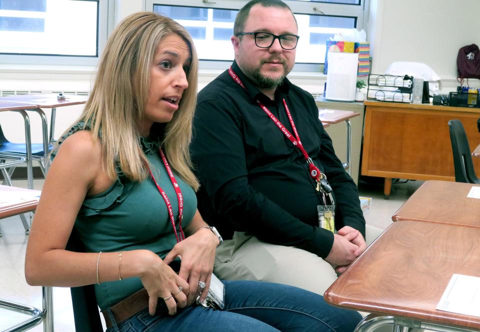 St. Leo the Great Elementary School teacher Lauren Crupi describes how the kidney transplanted from Mike Daneman during an interview at the Lincroft school Thursday afternoon, August 31, 2023. As the school year closed before the summer, Daneman donated a kidney to fellow teacher Crupi.