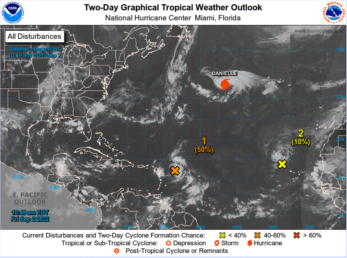 This map shows Hurricane Danielle and other tropical weather systems in the Atlantic Basin on Sept. 2, 2022. Danielle is the first storm of the 2022 season to reach hurricane strength.