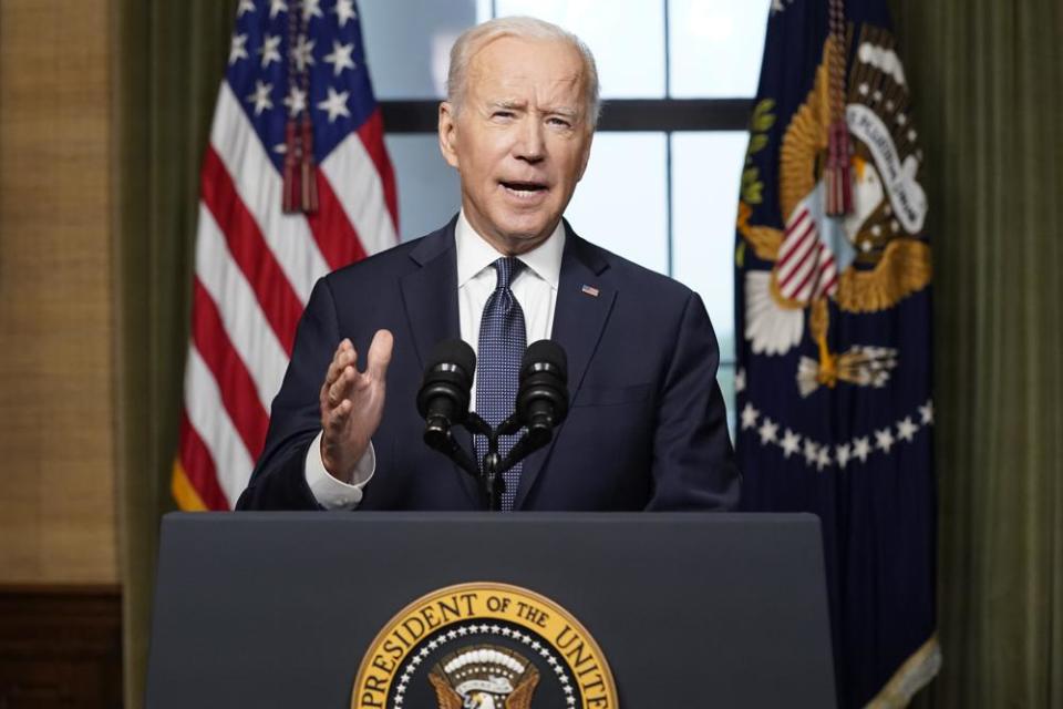 In this April 14, 2021, file photo President Joe Biden speaks from the Treaty Room in the White House about the withdrawal of the remainder of U.S. troops from Afghanistan. (AP Photo/Andrew Harnik, Pool, File)