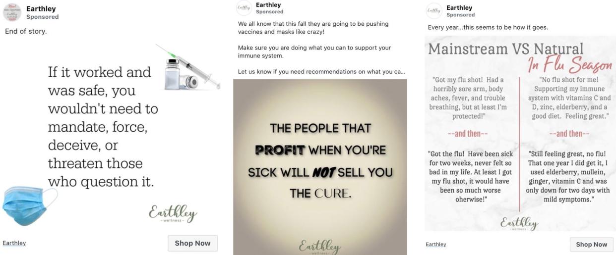 Alternative medicine company Earthley has continued to run anti-vaccine ads on Facebook without issue, despite the platform's ban on such ads. (Photo: Facebook/Earthley)