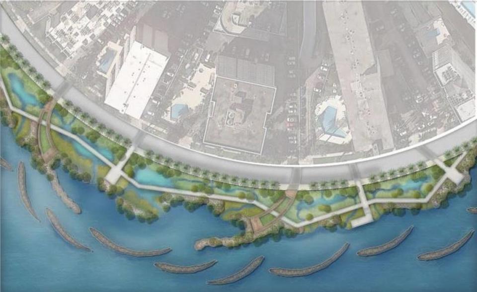 This rendering shows a potential hybrid strategy for protecting coastal Miami-Dade from storm surge, including an earthen berm along the coast and oyster reefs beyond that.