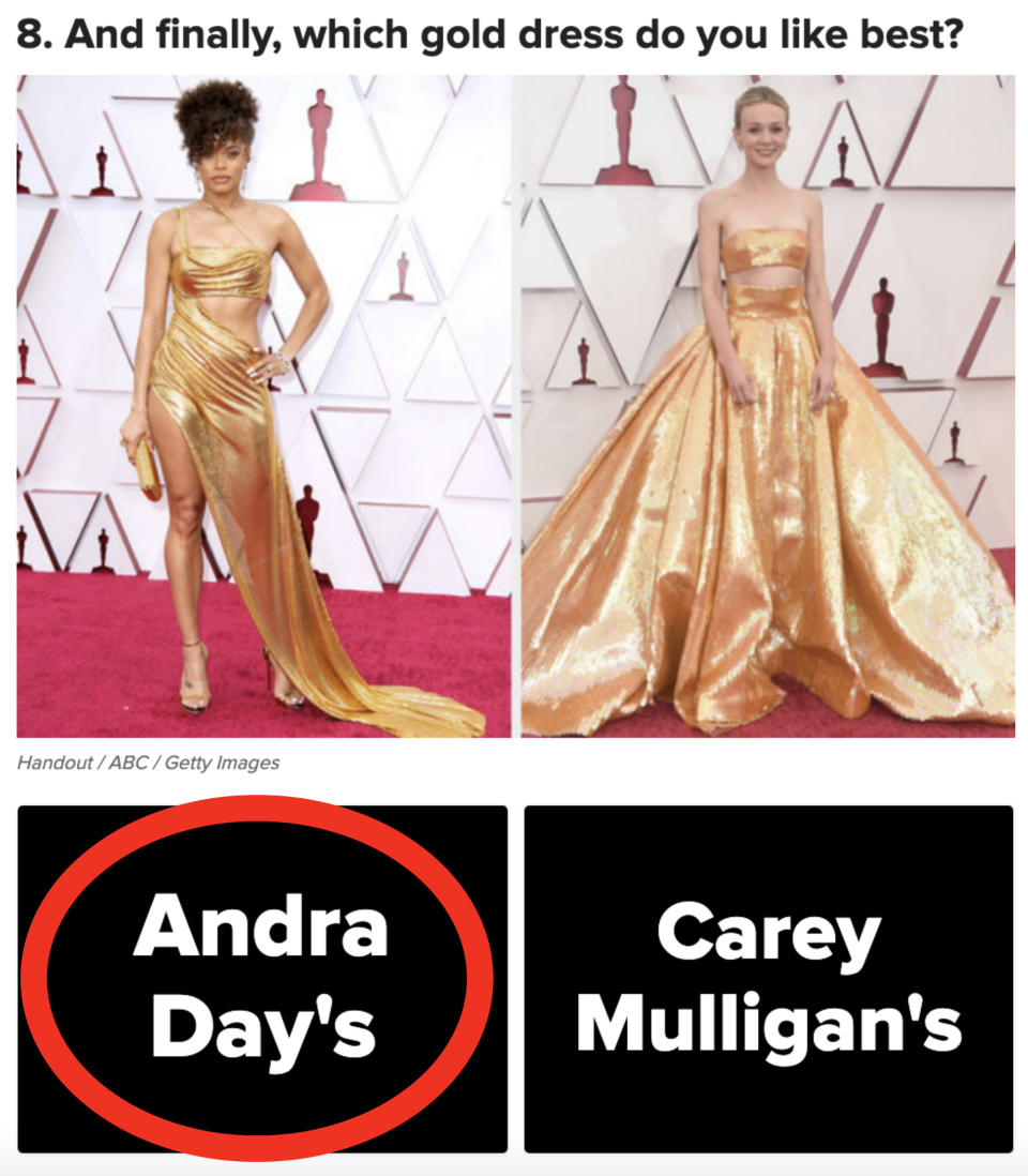 Two choices of a gold outfit from Andra Day and Carey Mulligan with Andra Day's circled