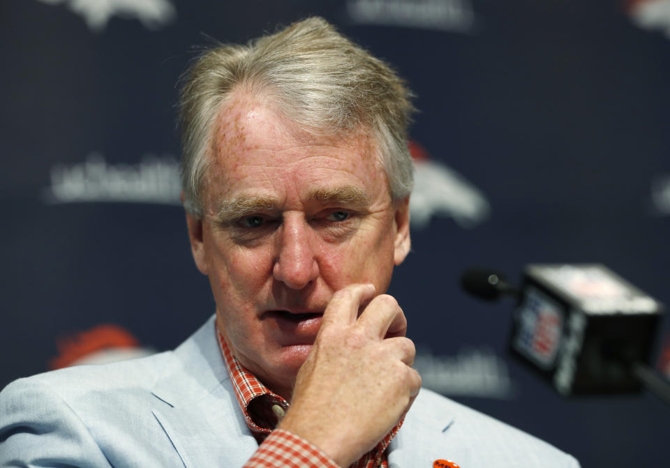 Joe Ellis, president and chief executive officer of the Denver Broncos, talks about the death of team owner Pat Bowlen during a news conference Monday, June 17, 2019, at the NFL football team's headquarters in Englewood, Colo. (AP Photo/David Zalubowski)