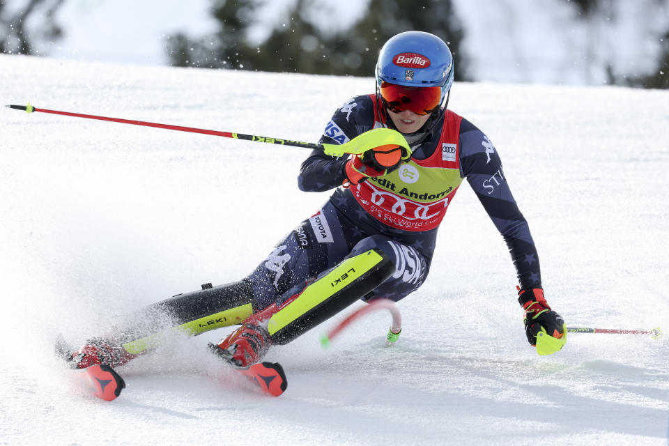 FILE - United States' Mikaela Shiffrin competes in an alpine ski, women's World Cup slalom race, in Soldeu, Andorra, Saturday, March 18, 2023. Shiffrin's busy offseason has included concerts, building dedications and picking up awards. Now it's time to get back to work for the all-time winningest World Cup ski racer. (AP Photo/Alessandro Trovati, File)