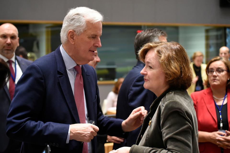 French Europe minister Nathalie Loiseau in conversation with compatriot Michel Barnier, the EU’s chief Brexit negotiator (Getty)