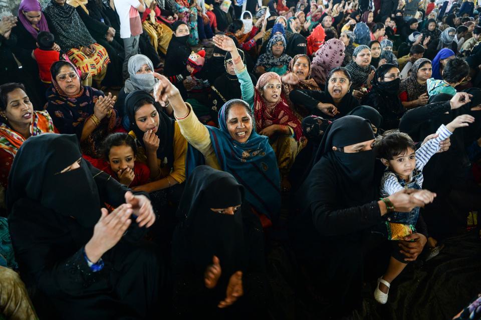 Demonstrators shout slogans during a protest against the Indian government's Citizenship Amendment Act (CAA) and the National Register of Citizens (NRC) at Jaffrabad area in New Delhi on February 23, 2020. (Photo by Sajjad HUSSAIN / AFP) (Photo by SAJJAD HUSSAIN/AFP via Getty Images)