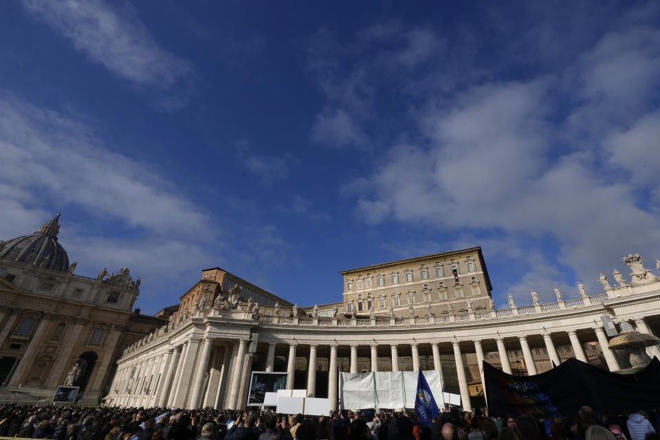 A view of St. Peter's Square as Pope Francis delivers his blessing as he recites the Angelus noon prayer from the window of his studio overlooking, at the Vatican, Sunday, Jan. 1, 2023. Pope Emeritus Benedict XVI, the German theologian who will be remembered as the first pope in 600 years to resign, has died, the Vatican announced Saturday. He was 95. (AP Photo/Andrew Medichini)