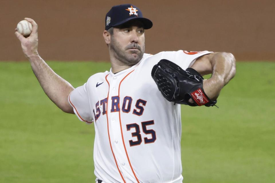 Mandatory Credit: Photo by John Angelillo/UPI/Shutterstock (13522326c) Houston Astros starting pitcher Justin Verlander throws in the first inning against the Philadelphia Phillies in game one of the 2022 World Series at Minute Maid Park in Houston on Friday, October 28, 2022. 2022 World Series, Houston, Texas, United States - 28 Oct 2022
