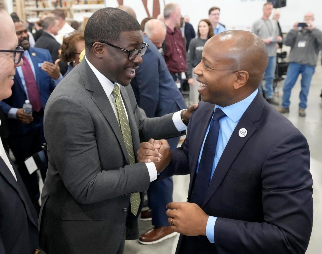 Milwaukee County Executive David Crowley (left) greets Milwaukee Mayor Cavalier Johnson after Johnson’s State of the City address at Western Building Products, Inc. on Milwaukee's northwest side, in Milwaukee on Monday, March 4, 2024.