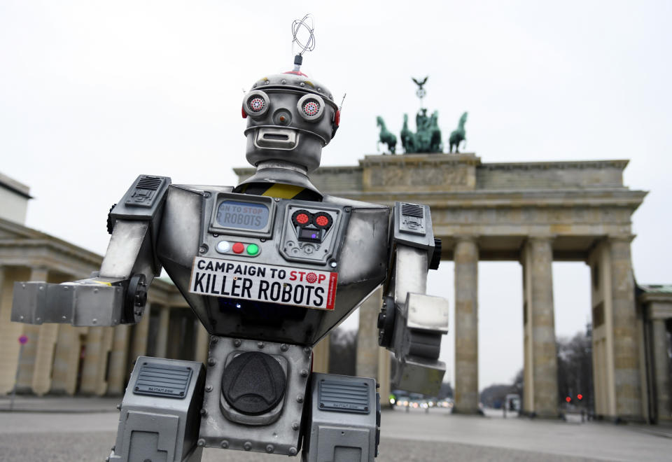 Activists from the Campaign to Stop Killer Robots, a coalition of non-governmental organisations opposing lethal autonomous weapons or so-called 'killer robots', stage a protest at Brandenburg Gate in Berlin, Germany, March, 21, 2019. REUTERS/Annegret Hilse