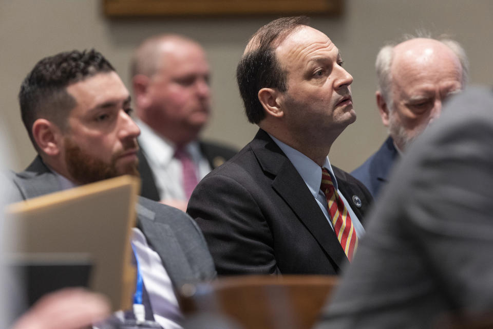 South Carolina Attorney General Alan Wilson sits with the prosecution during Alex Murdaugh's trial for murder at the Colleton County Courthouse on Tuesday, Jan. 31, 2023 in Walterboro, S.C. Murdaugh, 54, is standing trial on two counts of murder in the shootings of his 52-year-old wife and 22-year-old son. Murdaugh faces 30 years to life in prison if convicted. (Joshua Boucher/The State via AP, Pool)