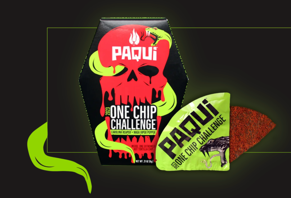 The packaging of the “One Chip Challenge” chip. The viral stunt is a food trend that challenges consumers to try and eat a single, extremely spicy chip made by Paqui (Paqui)