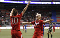 VANCOUVER, CANADA - JANUARY 19: Goal scorer Christina Julien #10 of Canada is congratulated by Sophie Schmidt #13 after scoring against Haiti during the 2012 CONCACAF Women's Olympic Qualifying Tournament at BC Place on January 19, 2012 in Vancouver, British Columbia, Canada. (Photo by Jeff Vinnick/Getty Images)