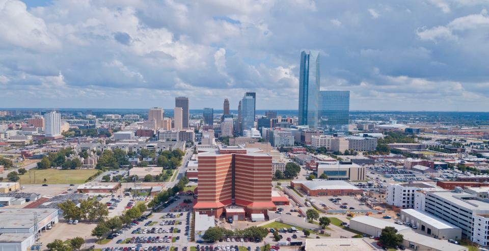 Drone image of Oklahoma County Jail, looking east towards the downtown Oklahoma City skyline.