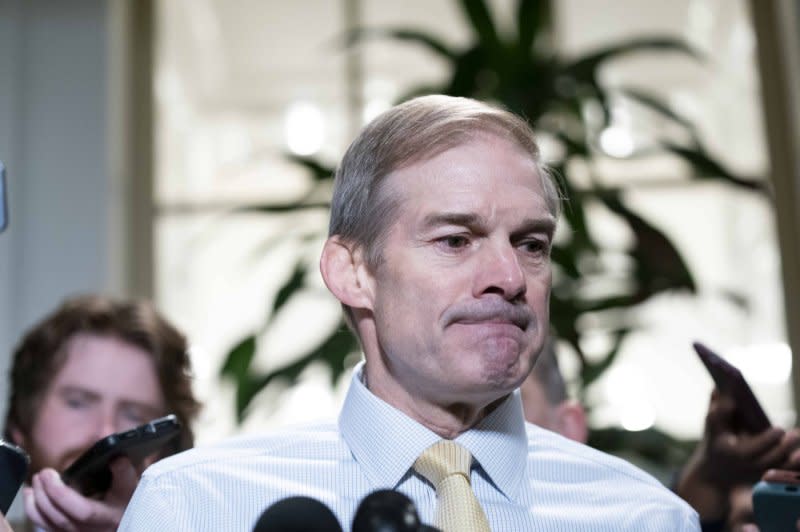 Rep. Jim Jordan, R-Ohio, Republican nominee for speaker of the House speaks to the media after a private meeting of House Republicans on Thursday. Photo by Bonnie Cash/UPI