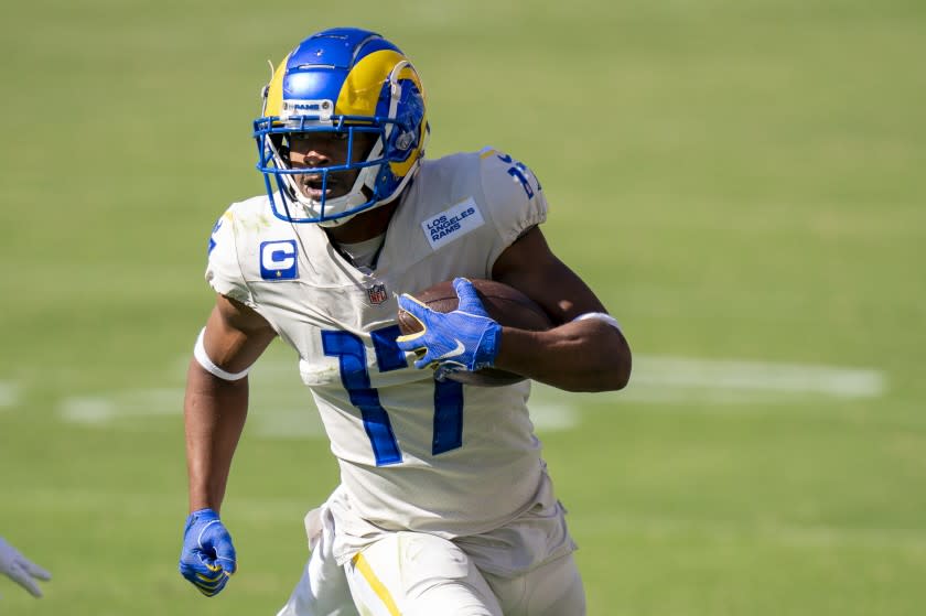 Los Angeles Rams wide receiver Robert Woods (17) in action during the NFL football game against the Philadelphia Eagles, Sunday, Sept. 20, 2020, in Philadelphia. (AP Photo/Chris Szagola)