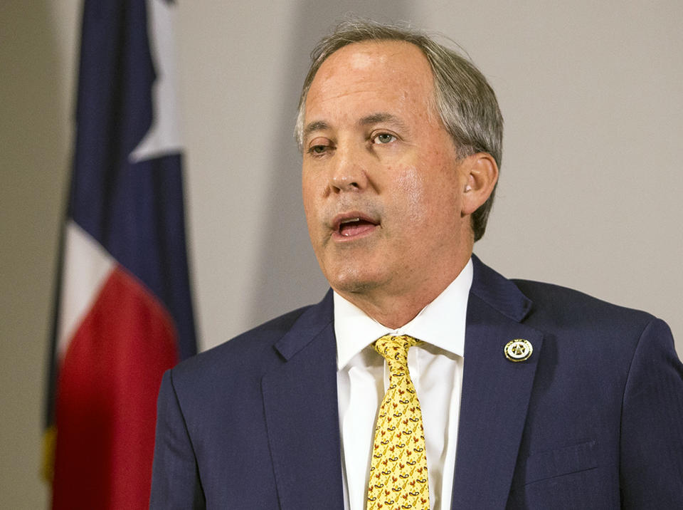 FILE - In this May 1, 2018, file photo, Texas Attorney General Ken Paxton speaks at a news conference in Austin, Texas. Civil rights groups are asking Texas officials to walk back a letter that questioned the citizenship of thousands of voters and prompted President Donald Trump to renew unsubstantiated claims of rampant voter fraud. Paxton told supporters in a fundraising email Monday, Jan. 28, 2019, that many of those people could have become citizens and voted legally. (Nick Wagner/Austin American-Statesman via AP, File)