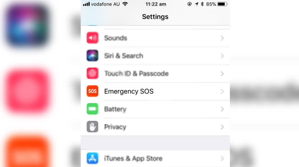 Head to settings and tap 'Emergency SOS'. Source: Yahoo7